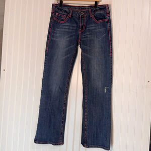 Cowgirl Tuff Blue Denim Bootcut Jeans Mid Rise Pink Barbed Wire 33X33